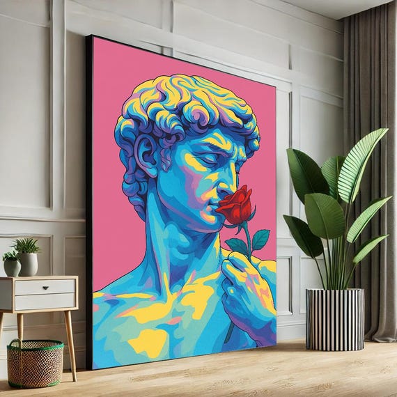 Pop Art David Canvas Michelangelo Statue With Rose Colorful Modern Wall Bold Retro Print Home Decor