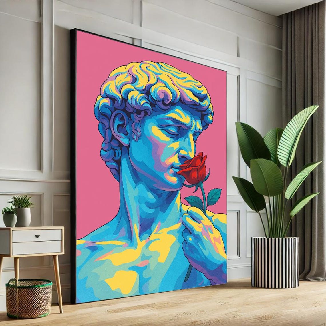 Pop Art Michelangelo David Neon Colors Smelling Red Rose Poster