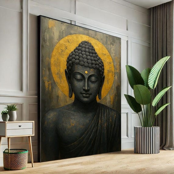Serene Buddha Meditation Canvas Wall Art Print Gold And Black Living Room Decor Statement Piece