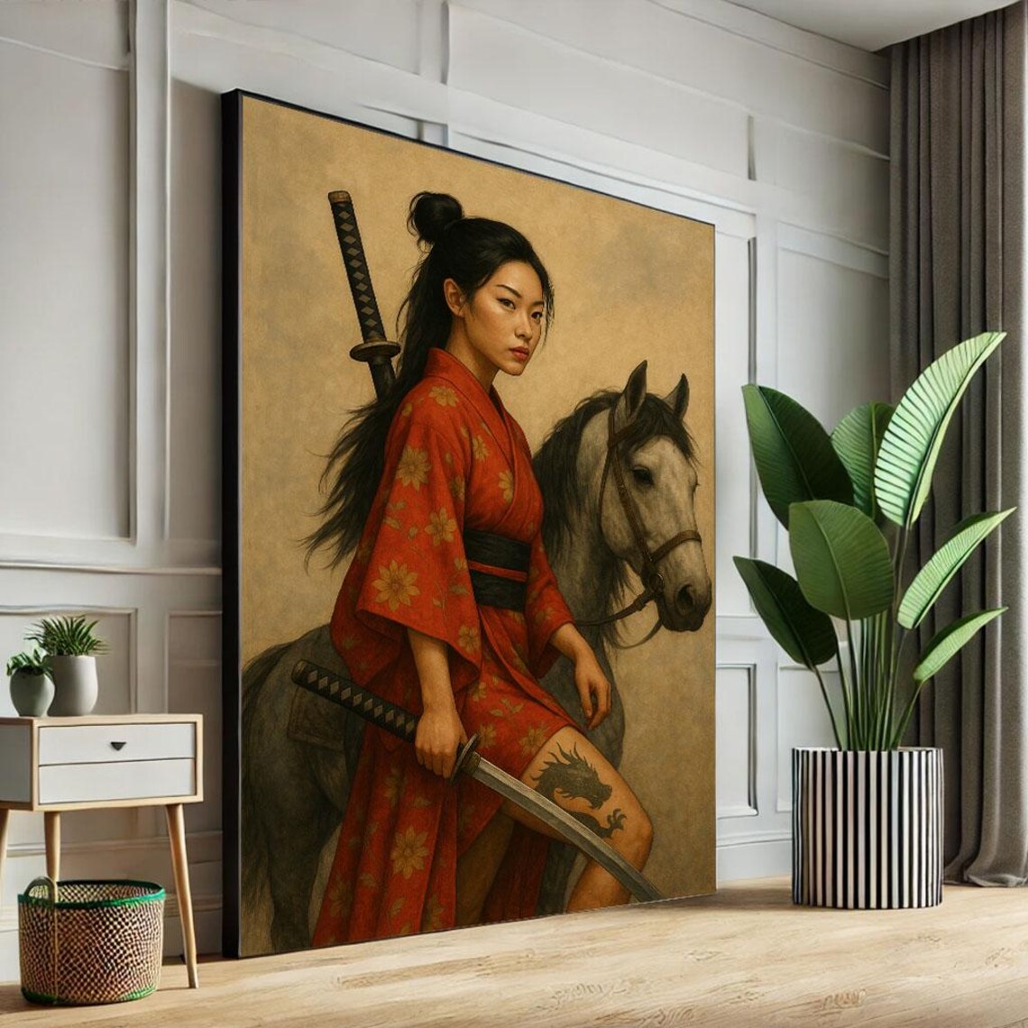 Samurai Woman on Horse Red Kimono Dual Katana Classic Poster
