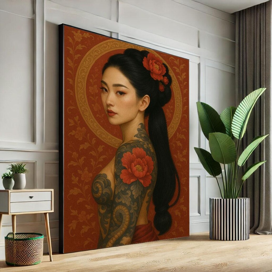 Japanese Woman Peony Tattoo Red Floral Traditional Beauty Poster