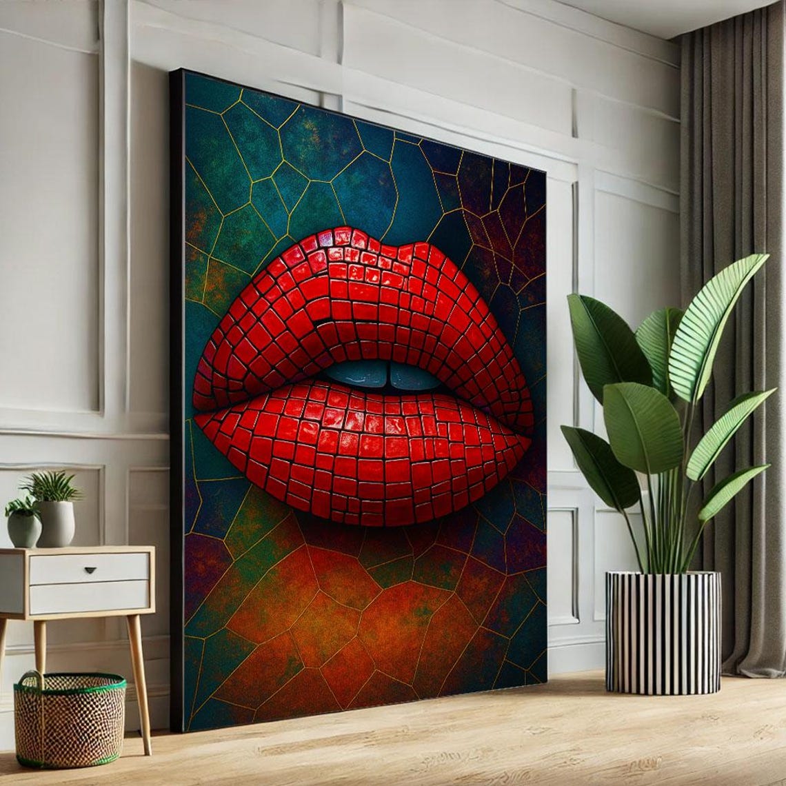 Vibrant Red Mosaic Lips Pop Art on Stained Glass Wall Poster