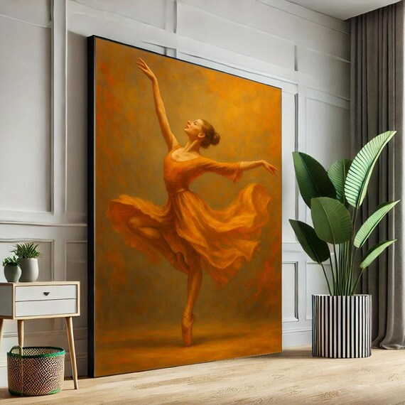 Vibrant Orange Dress Ballerina Graceful Leap Amber Dance Art Poster