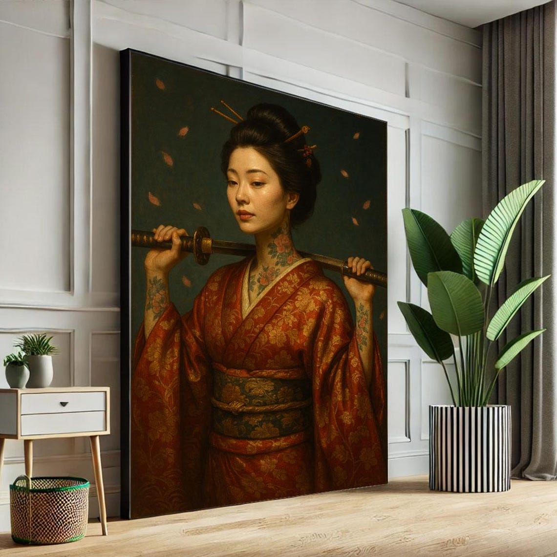Tattooed Woman in Red Kimono Katana on Shoulder Falling Petals Poster
