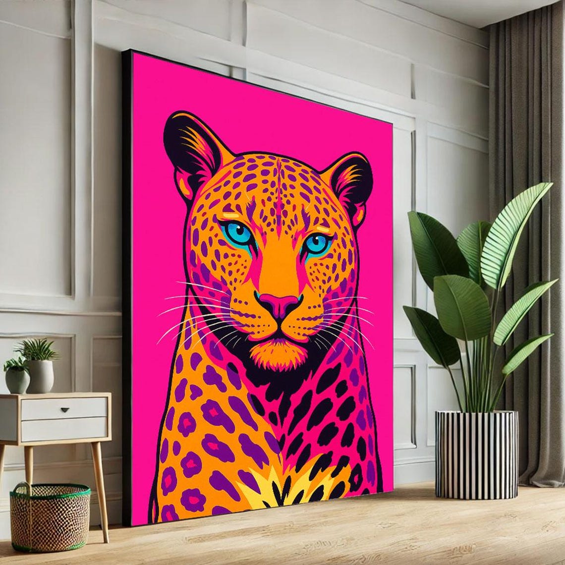 Neon Pop Art Leopard Blue Eyes Hot Pink Vibrant Animal Poster
