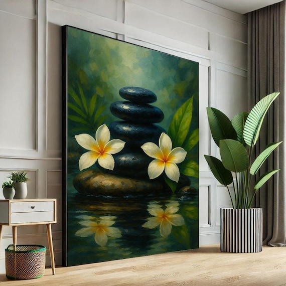 Tranquil Zen Stone Cairn Plumeria Flowers Water Reflection Spa Poster