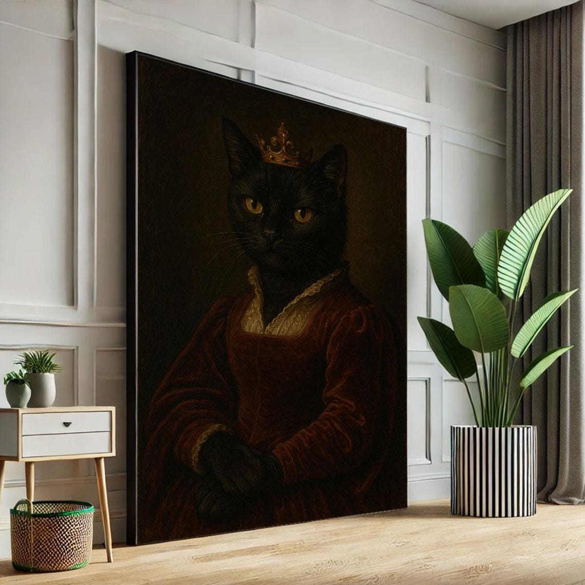 Regal Black Cat Crown Royal Portrait Vintage Whimsical Poster