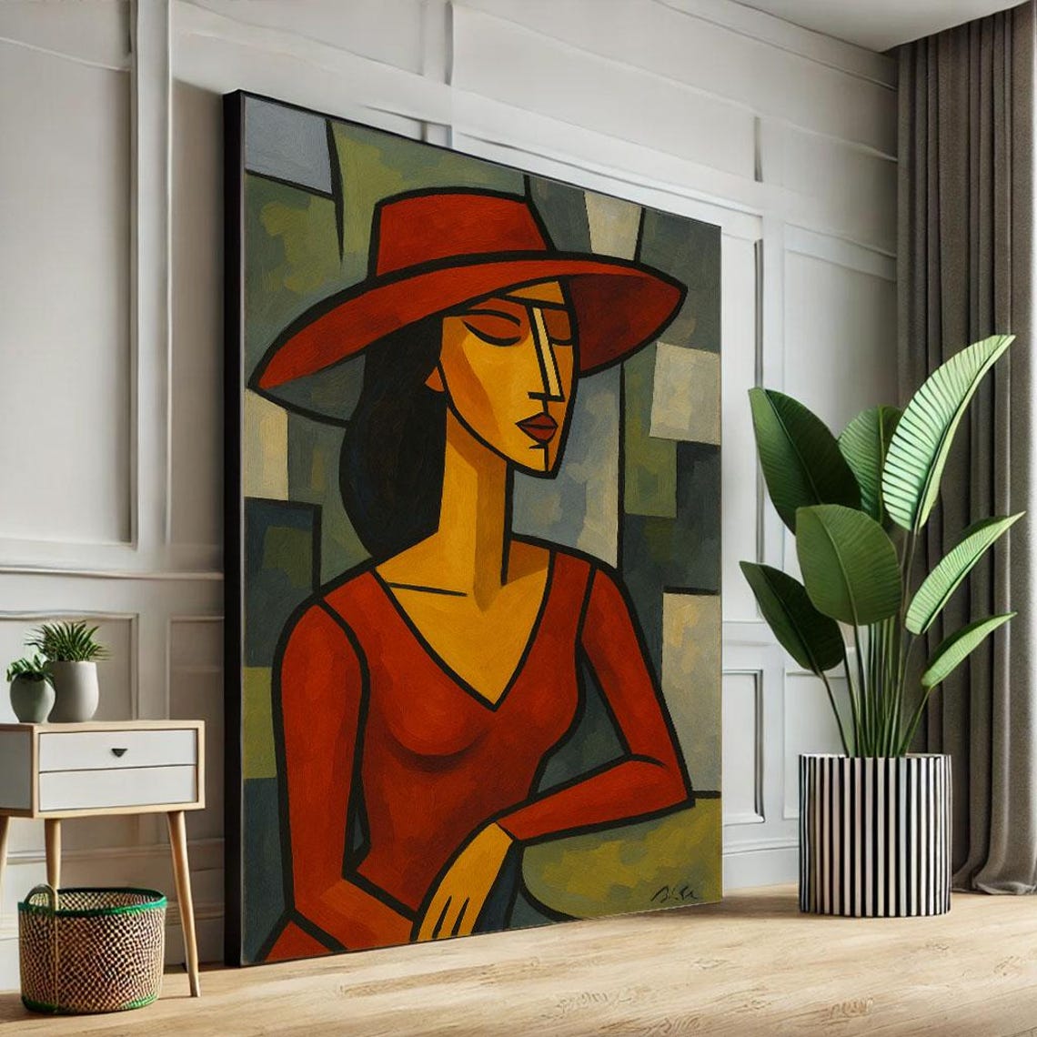 Bold Cubist Woman In Red Canvas Wall Art Print Modern Living Room Decor Statement Piece