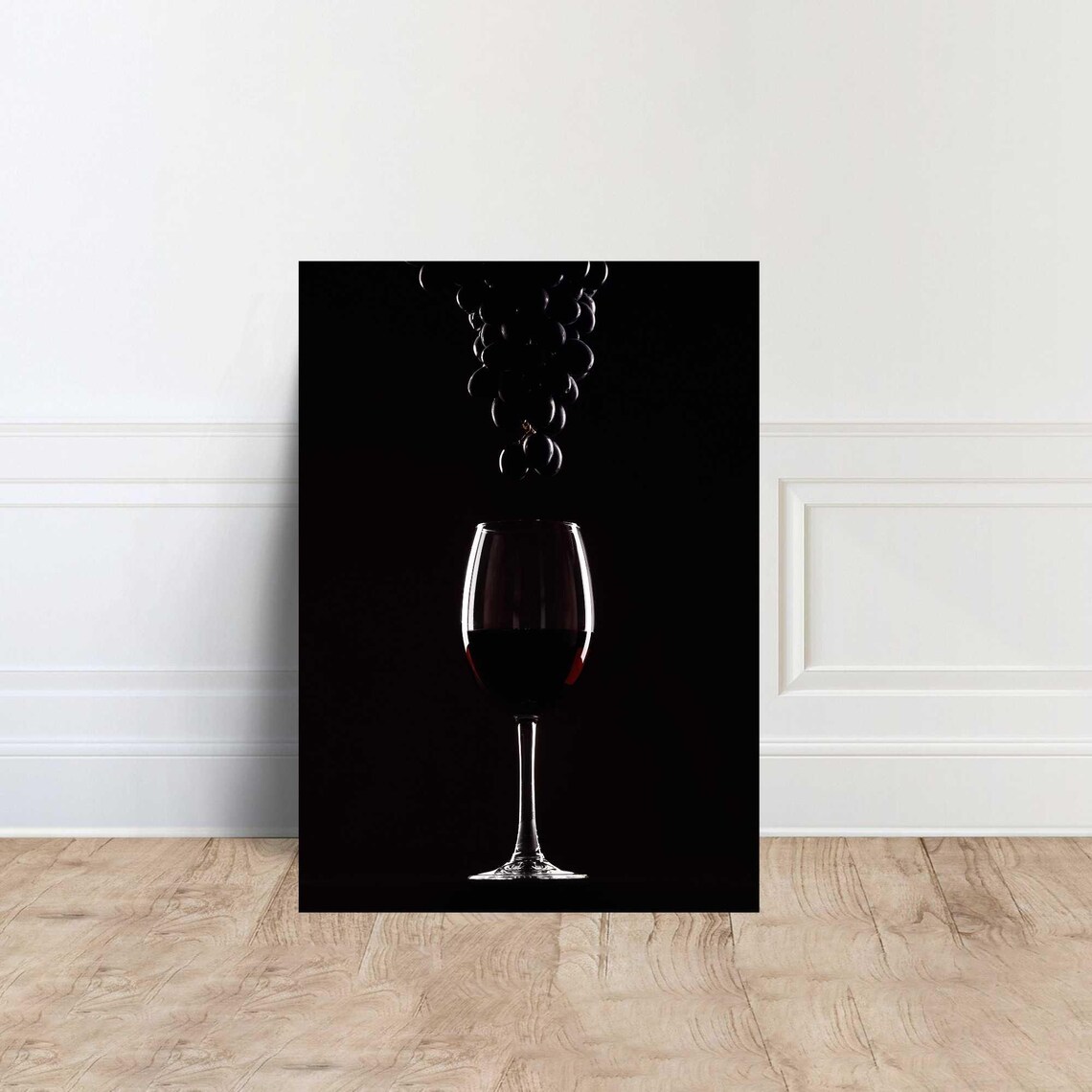 Minimalist Red Wine Glass With Black Grapes Dark Modern Kitchen Art Poster