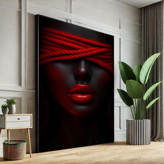 Bold Blindfolded Woman Canvas Wall Art Print Modern Red And Black Living Room Decor Statement Piece