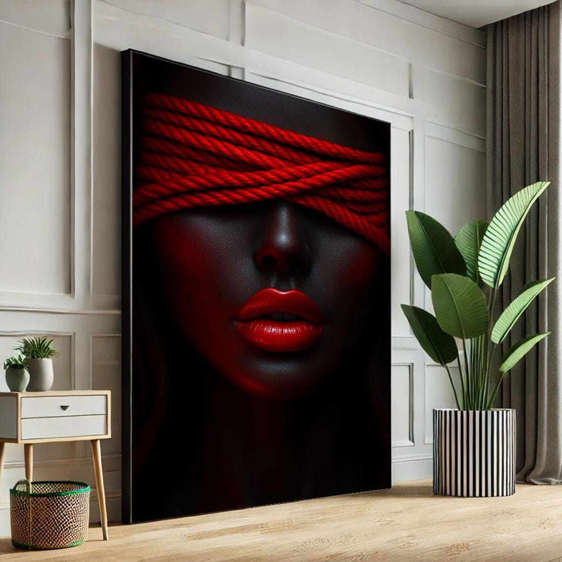 Bold Blindfolded Woman Canvas Wall Art Print Modern Red And Black Living Room Decor Statement Piece