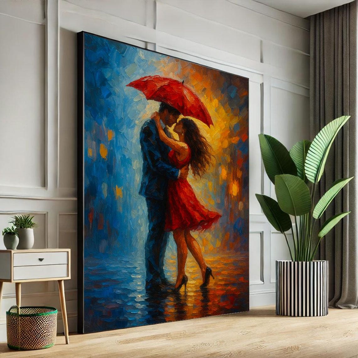 Romantic Couple Dancing In Rain Under Red Umbrella Painting Poster