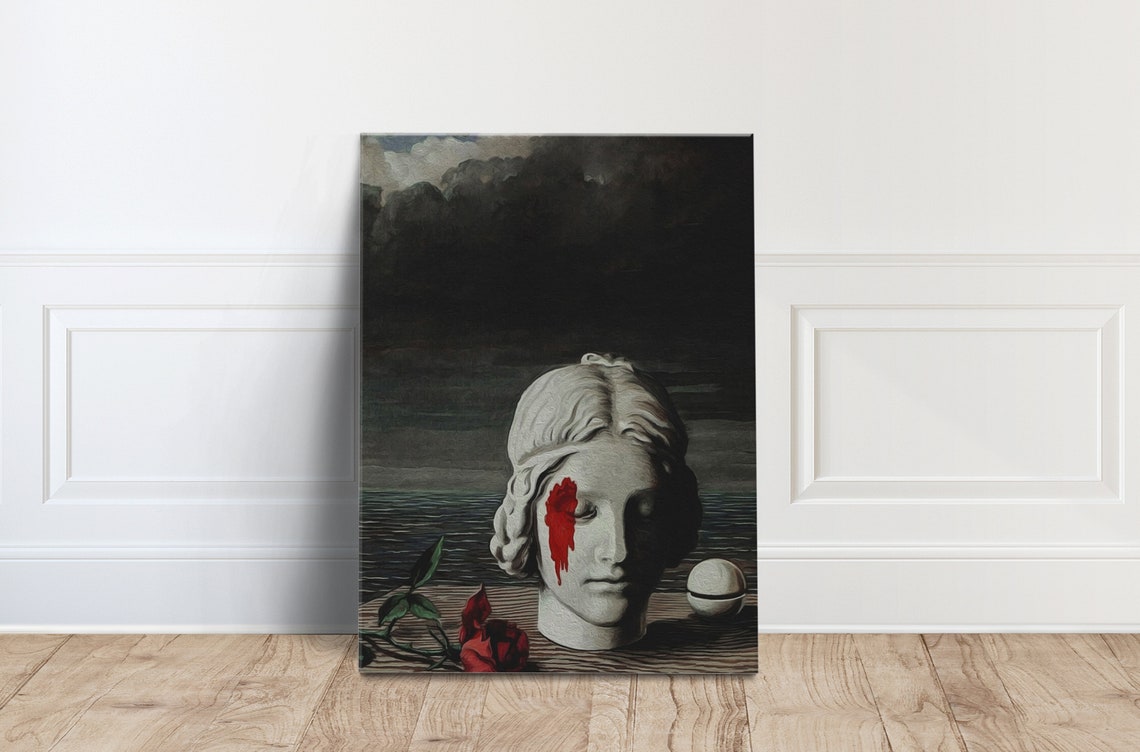Rene Magritte Memories Surrealist Stone Head Rose Clouds Poster