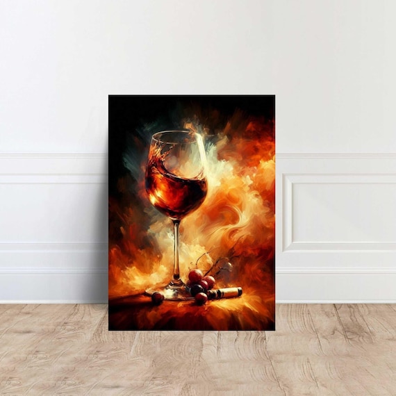 Red Wine Glass in Fiery Orange Painterly Swirls Warm Kitchen Art Poster