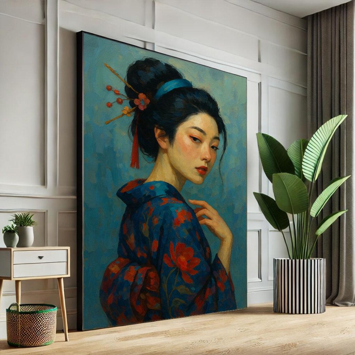 Sophisticated Japanese Woman Blue Kimono Floral Painting Poster