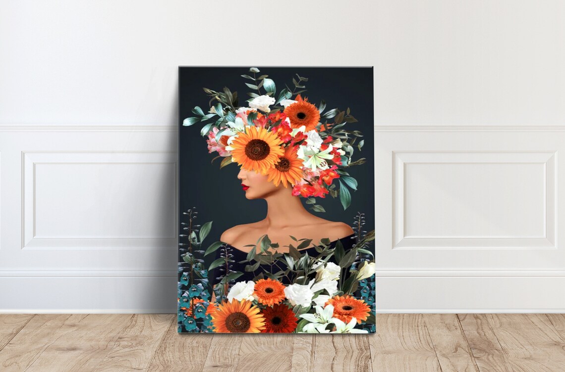 Woman Sunflower Floral Headpiece Dark Background Botanical Poster