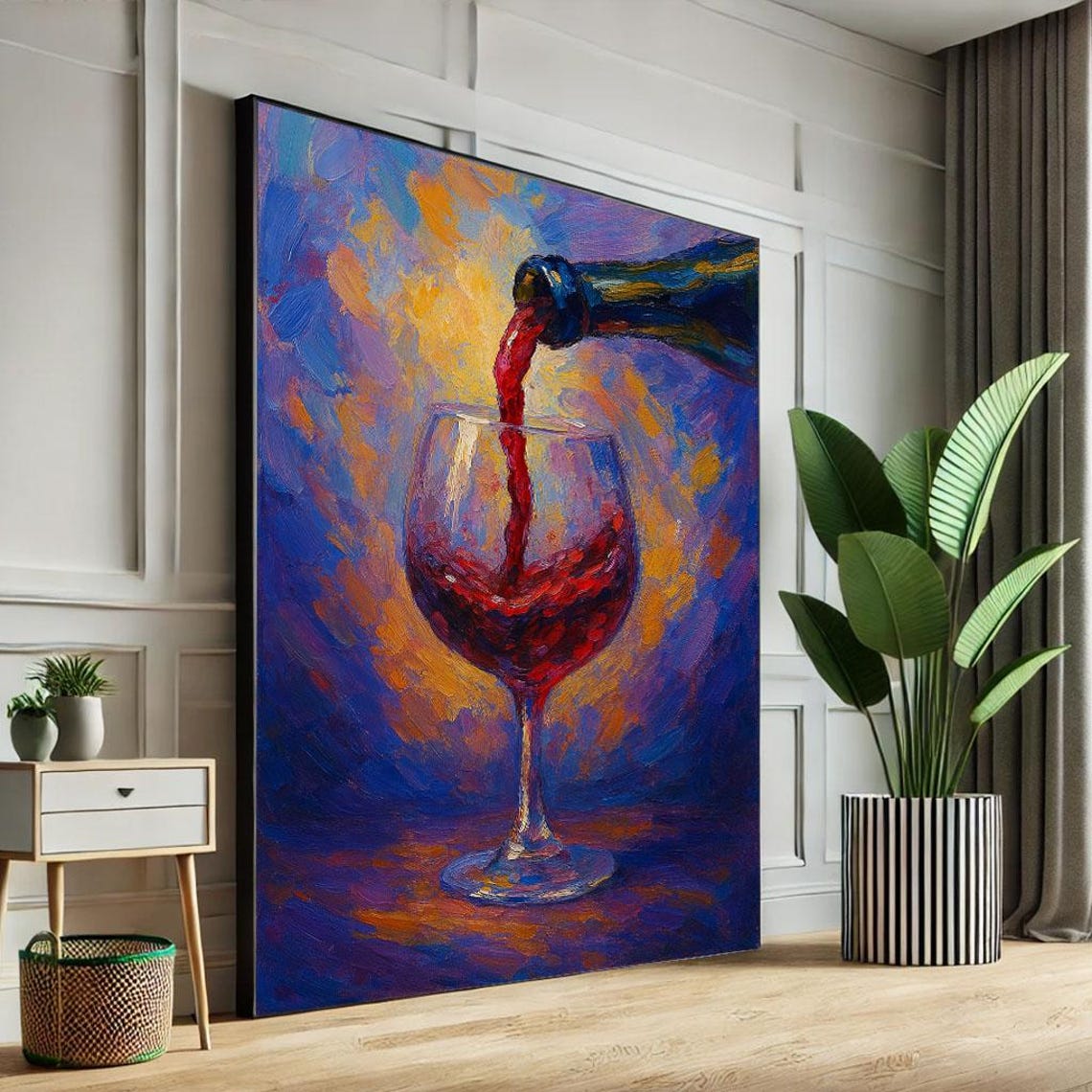 Vivid Red Wine Pouring Impressionist Blue Orange Canvas Poster