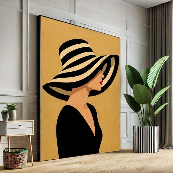 Elegant Woman In Striped Hat Canvas Wall Art Print Modern Living Room Decor Statement Piece