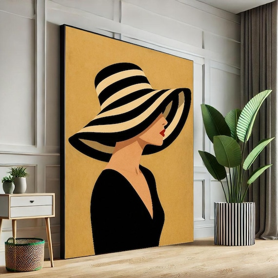 Elegant Woman Striped Sun Hat Gold Minimalist Fashion Art Poster