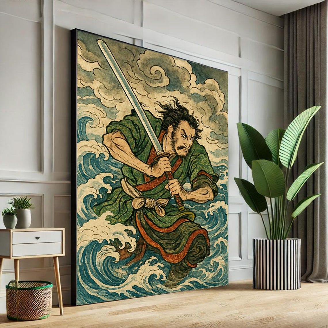 Fearless Samurai Warrior Fighting Giant Waves Japanese Art Poster