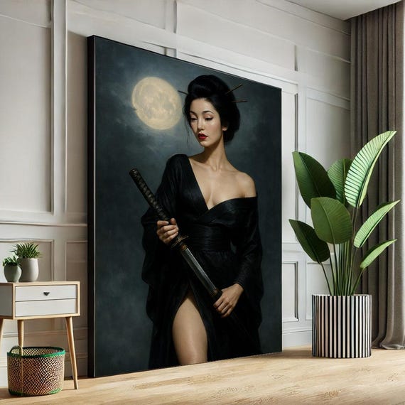 Elegant Samurai Woman Canvas Wall Art Print Dark Modern Living Room Decor Statement Piece