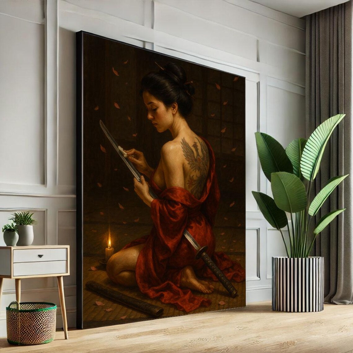 Woman Inspecting Her Katana Blade Dragon Tattoo Candlelit Art Poster