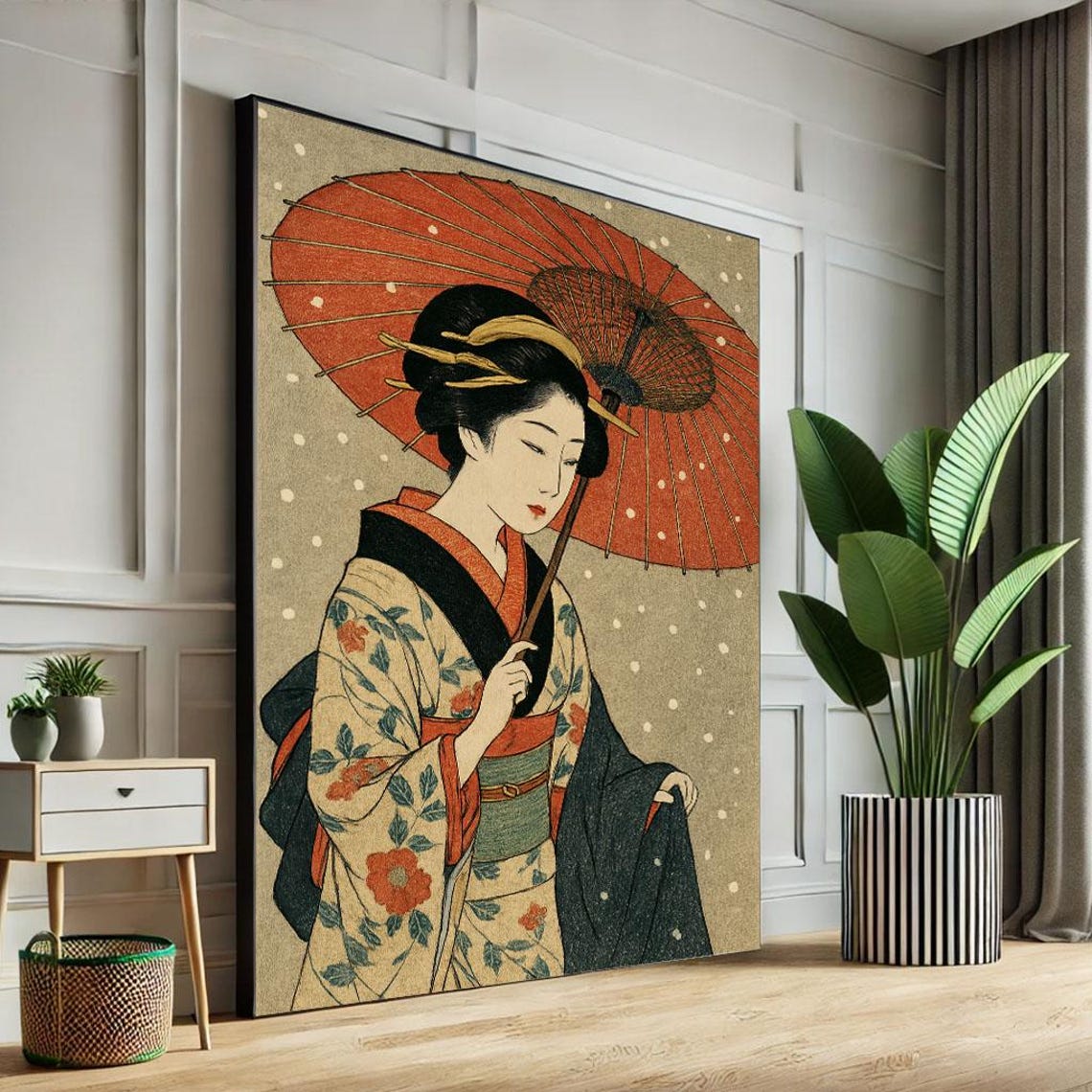 Geisha with Red Umbrella in Snow Japanese Woodblock Style Poster