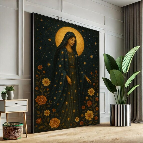 Mystical Virgin Mary Golden Halo Starry Night Floral Art Poster