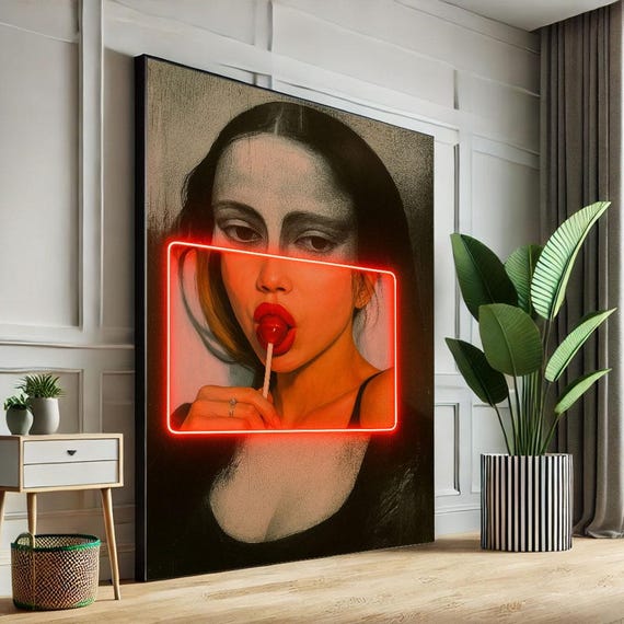 Fierce Modern Woman With Lollipop Neon Canvas Wall Art Bold Living Room Decor Statement Piece