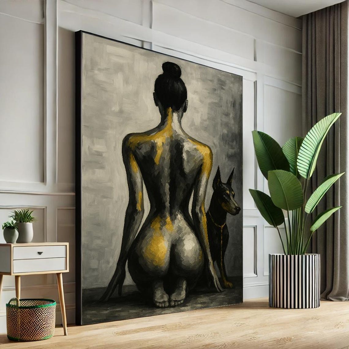 Woman with Doberman Dog Gold Accent Painterly Portrait Poster