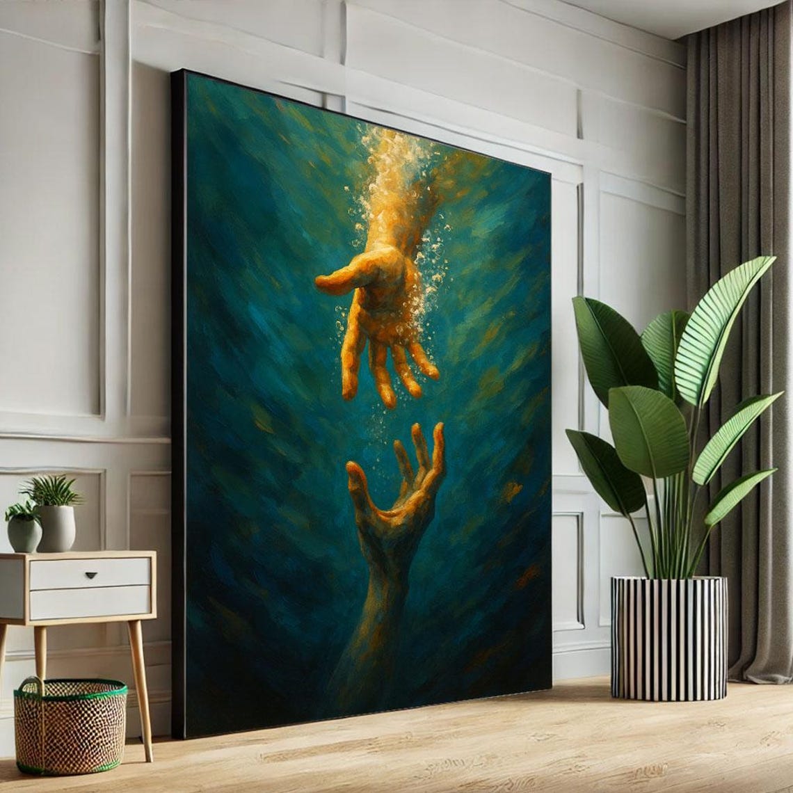 Two Hands Reaching Underwater Golden Light Deep Teal Art Poster