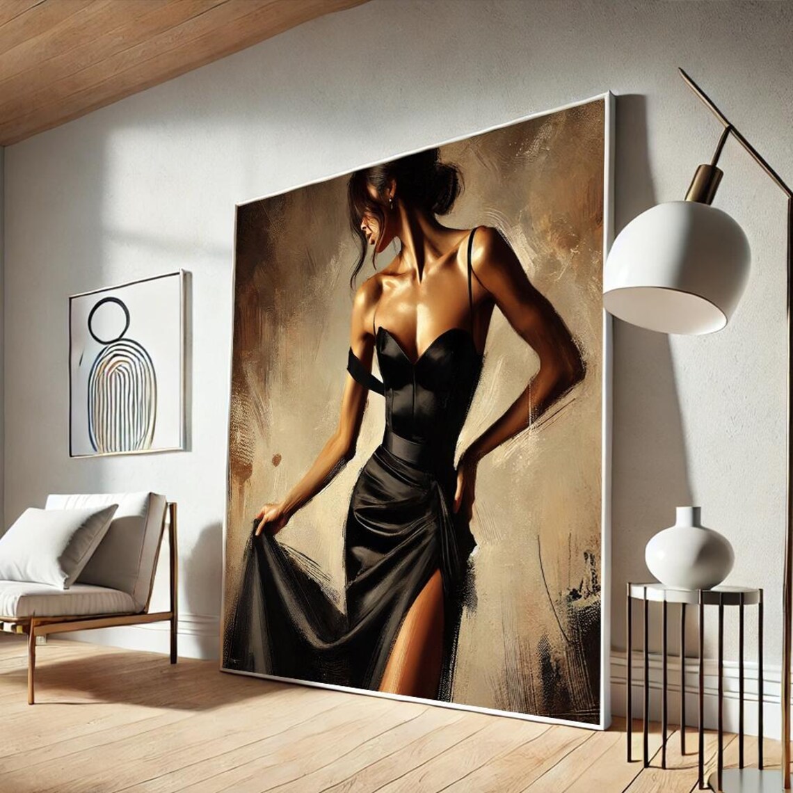 Woman In Flowing Black Gown Golden Painterly Glamour Art Poster