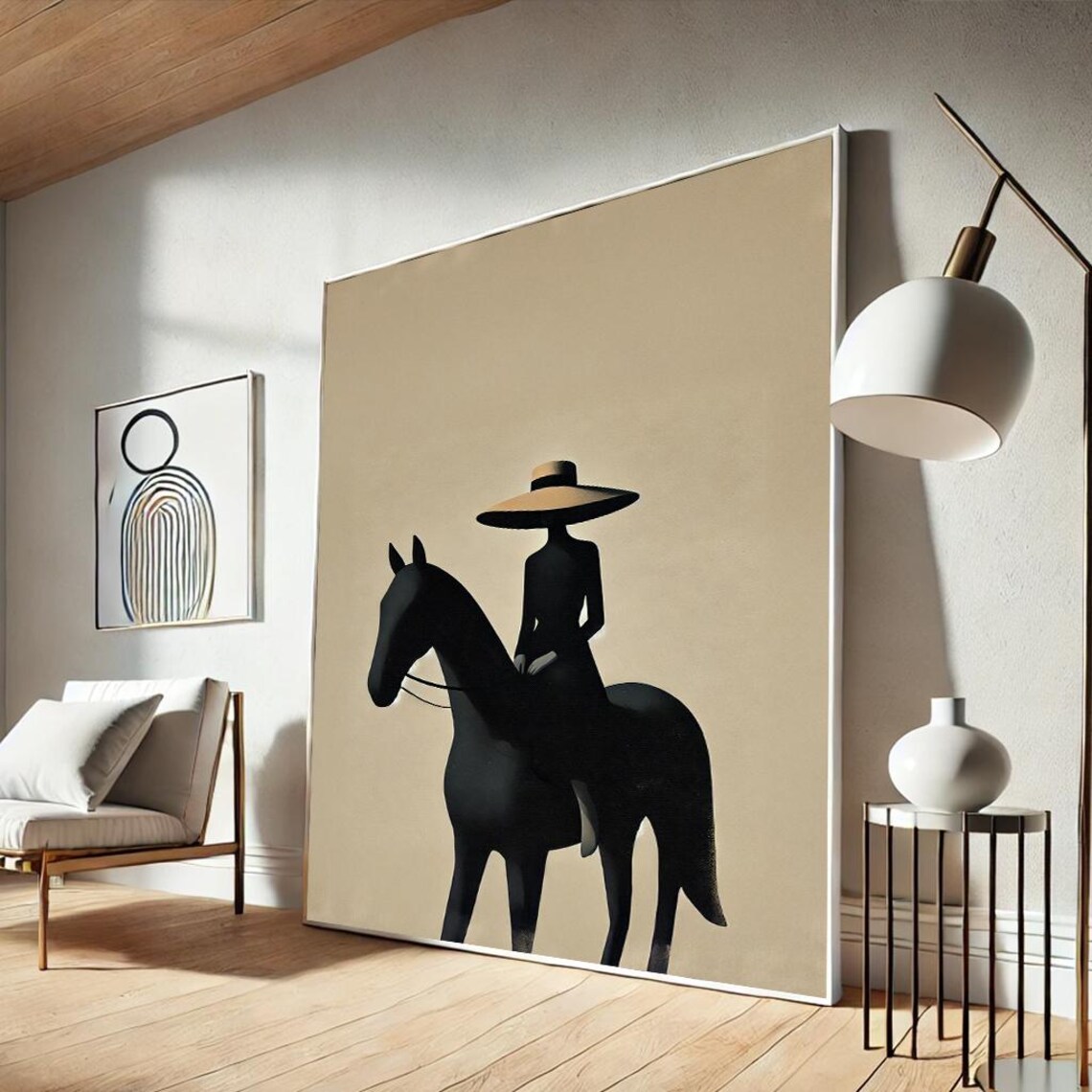 Woman With Wide Straw Hat On Black Horse Sun Circle Minimal Poster