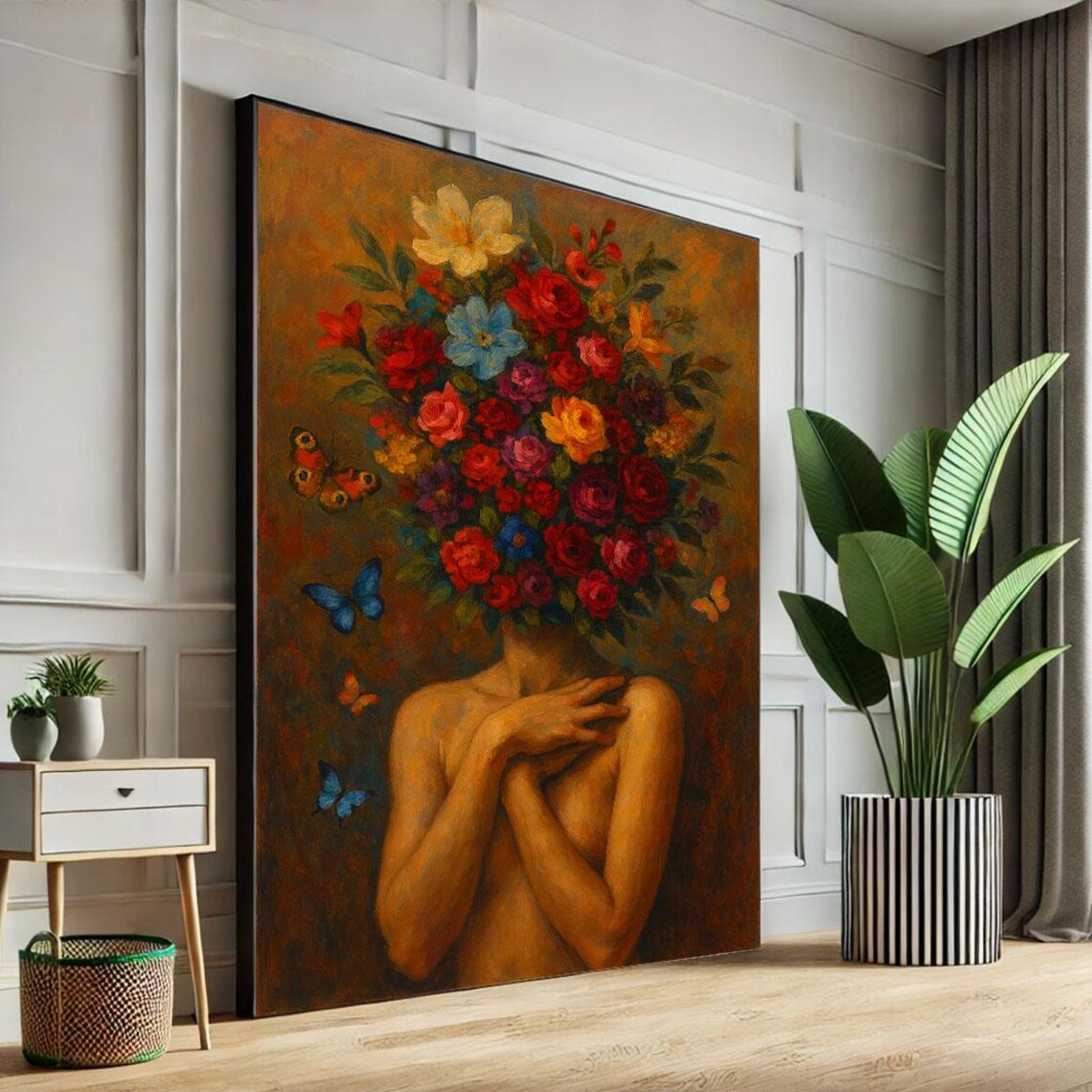 Surreal Woman Flower Bouquet Head Butterfly Oil Painting Poster