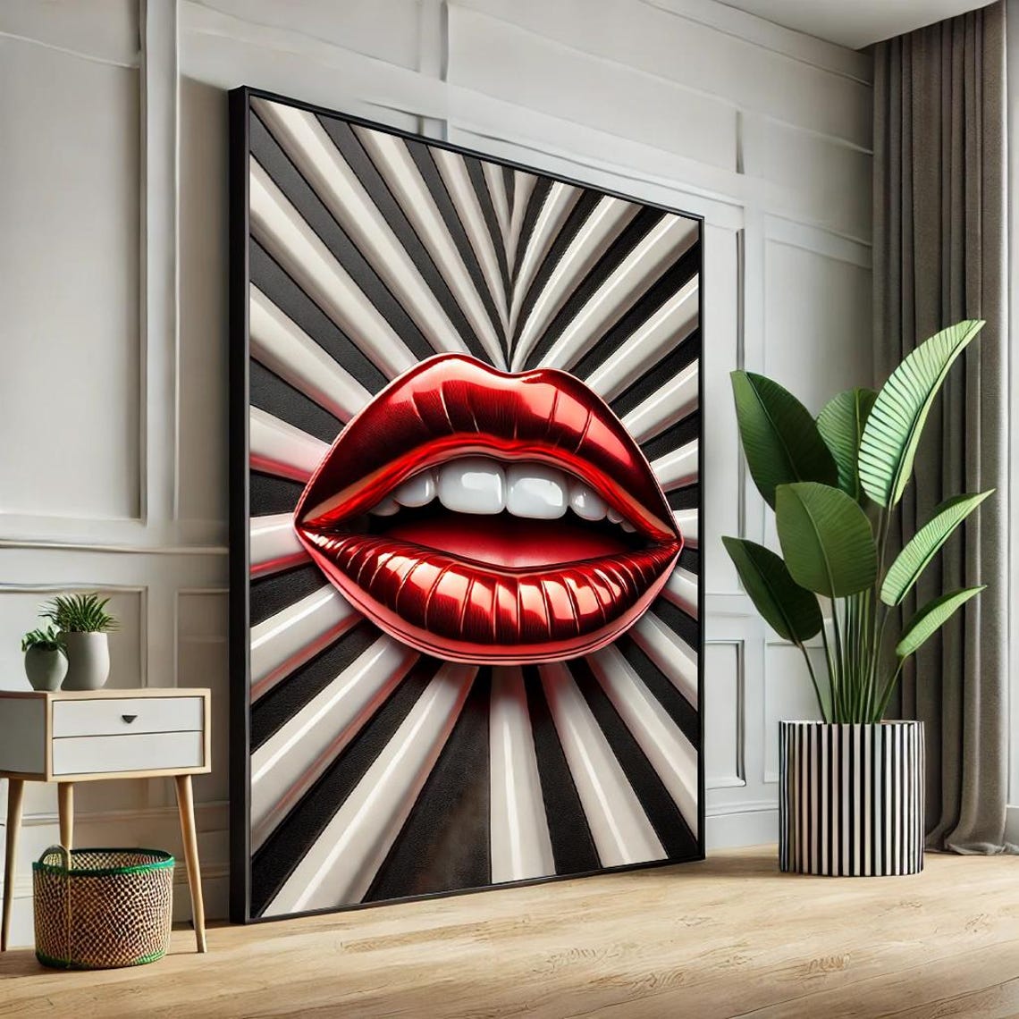 Bold Red Glossy Lips Pop Art Radial Sunburst Black White Poster