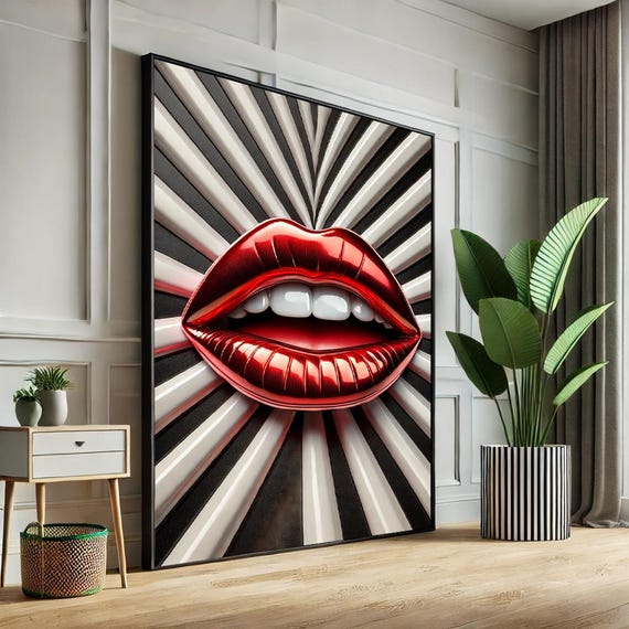 Woman Lips Abstract Pop Art Canvas Black White Striped Wall Decorunique Gift For Fashion Lovers Boyfriend Christmasmodern Home