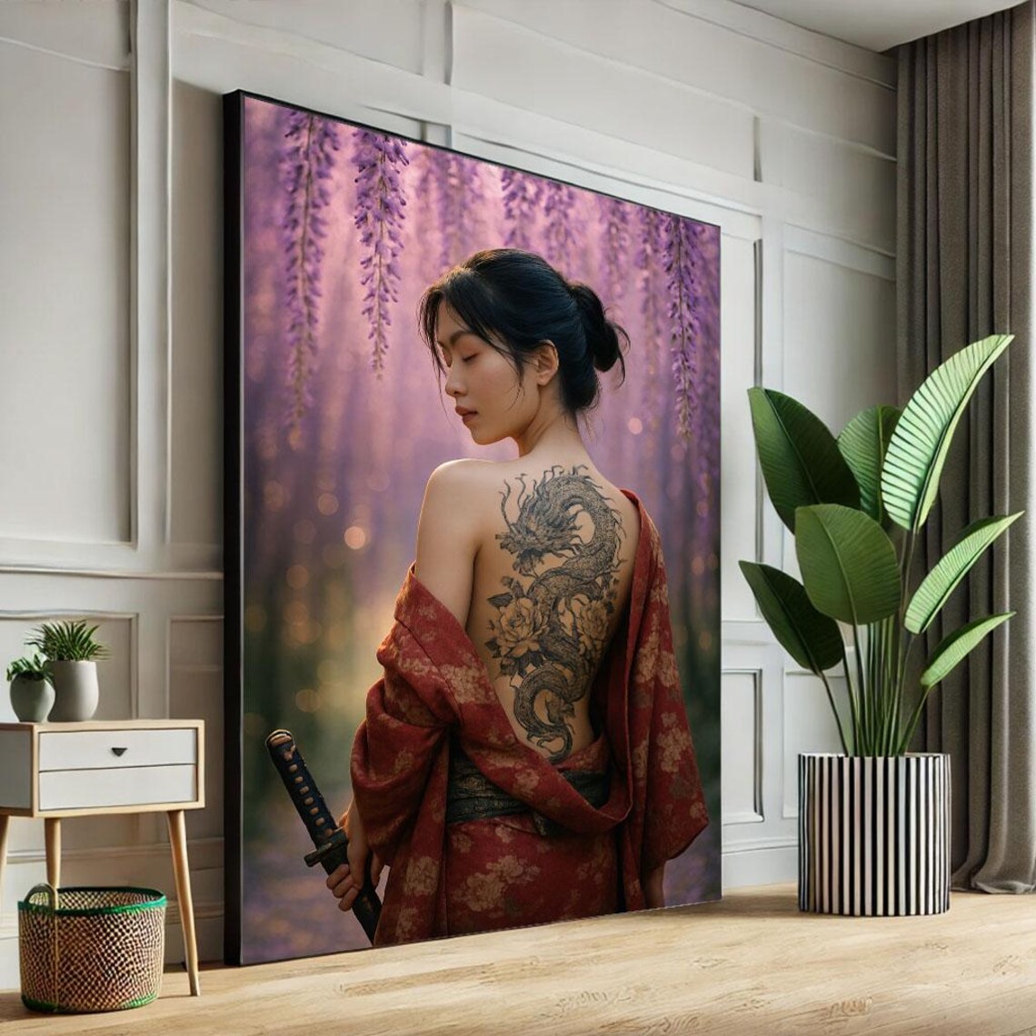 Dragon Back Tattoo Woman Red Kimono Purple Wisteria Flowers Poster
