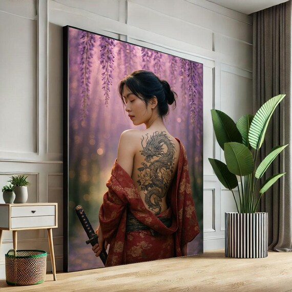 Dragon Back Tattoo Woman Red Kimono Purple Wisteria Flowers Poster