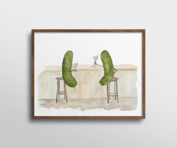 Whimsical Pickles Drinking Martinis Watercolor Art Print