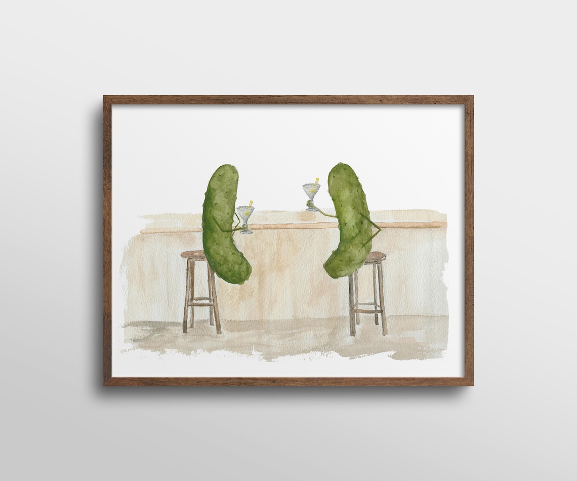 Whimsical Pickles Drinking Martinis Watercolor Art Print