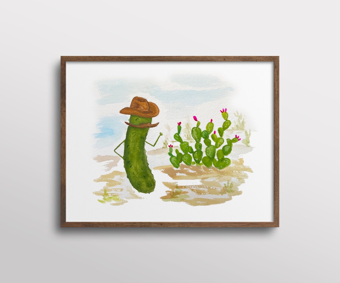 Whimsical Pickle With Stetson Cowboy Hat, Art Print