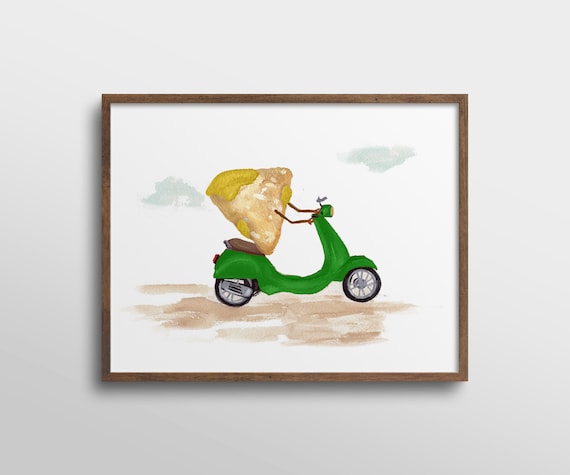Tortilla Chip Riding Green Vespa Scooter Quirky Watercolor Art Poster