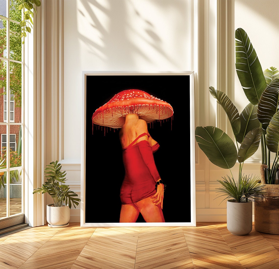 Mushroom Woman Surreal Red Fly Agaric Head Black Background Poster