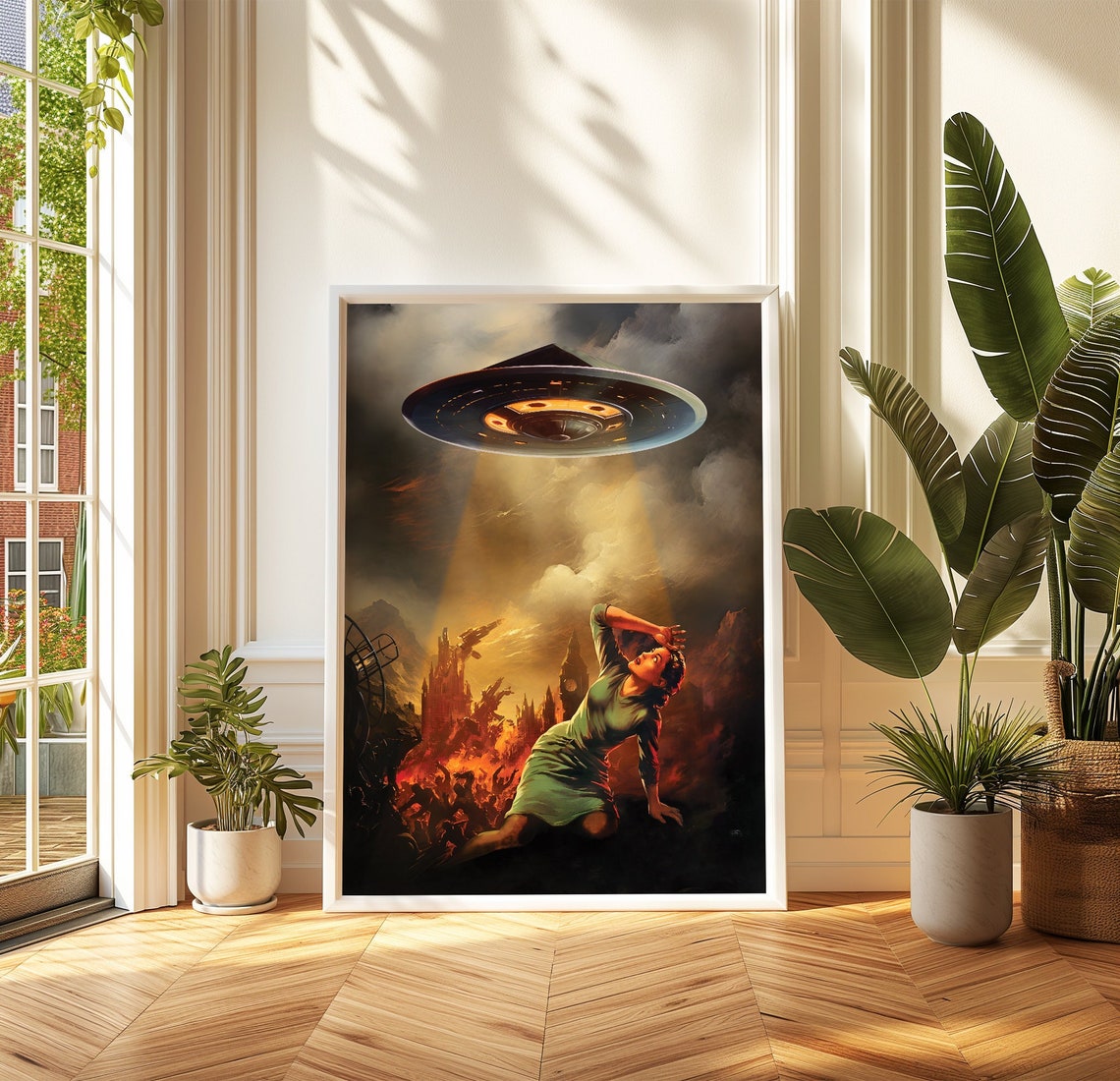 Otherworld UFO Sci Fi Retro Woman Alien Invasion City Fire Poster