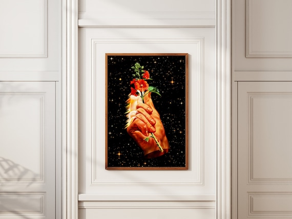 Stellar Bloom Cosmic Hand Holding Red Flower Starry Night Poster