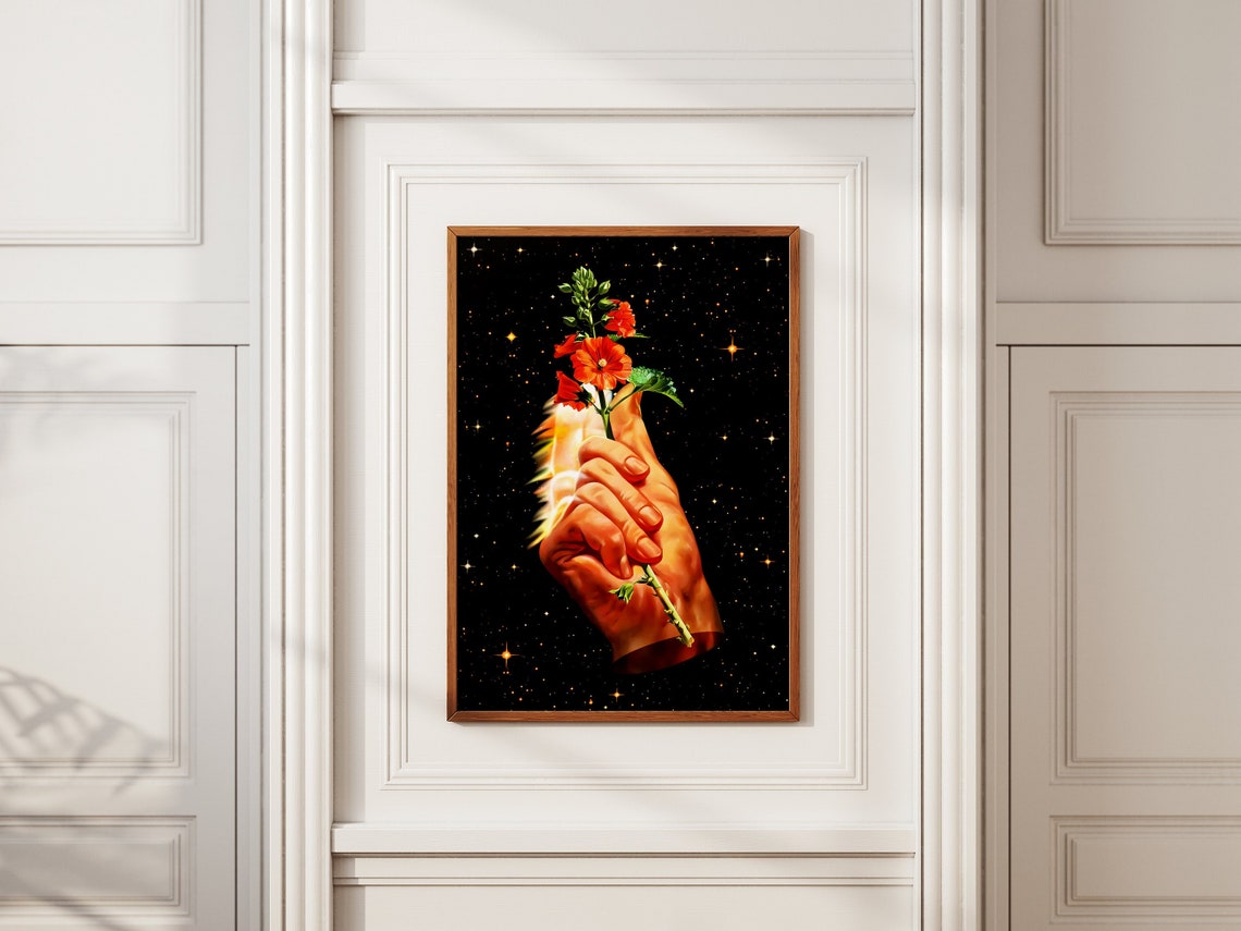 Stellar Bloom Cosmic Hand Holding Red Flower Starry Night Poster
