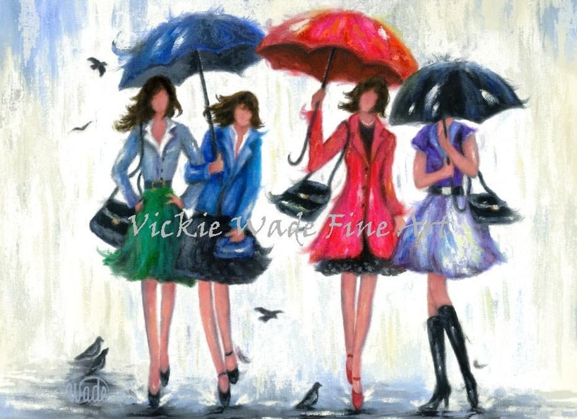 Four Fashionable Ladies Strolling in the Rain With Umbrellas Poster