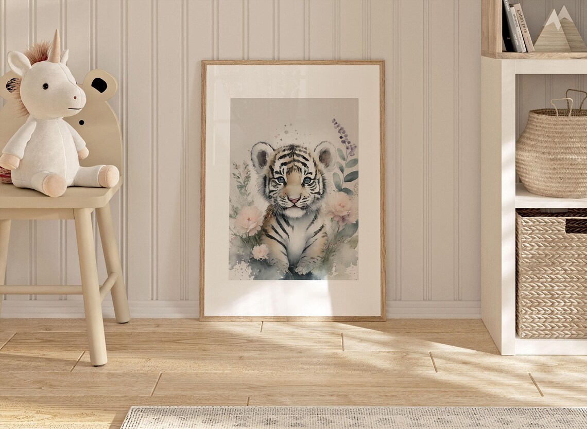 Baby Tiger Cub Watercolor Portrait With Soft Floral Blooms Poster - Image 2