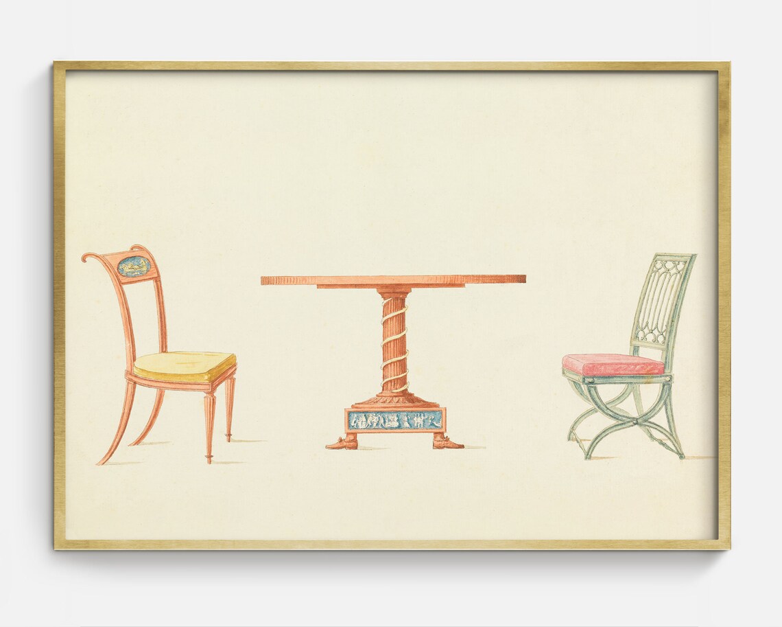 Antique Table And Chairs Design Sketch Vintage Furniture Art Poster - Image 2