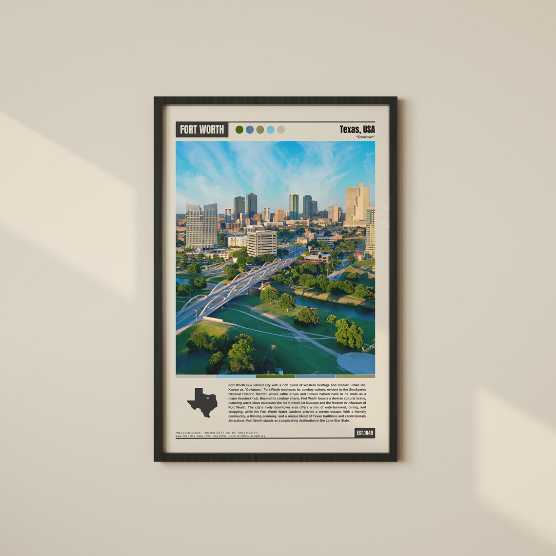 Fort Worth Texas Cowtown Downtown Skyline Bridge View Poster